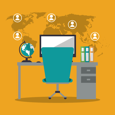 Table with computer and map icon. Freelance work and technology theme. Colorful design. Vector illustrationのイラスト素材