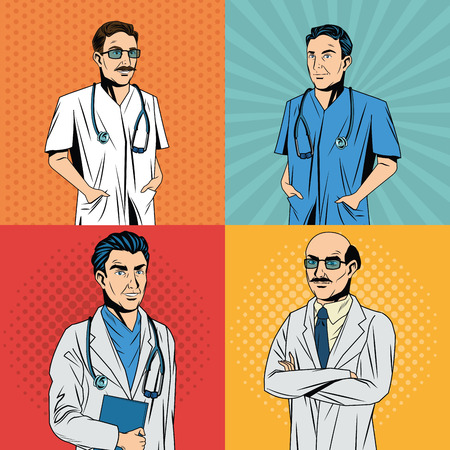 Doctor cartoon with uniform. Medical care pop art comic and retro theme. Colorful and frames design. Vector illustrationのイラスト素材
