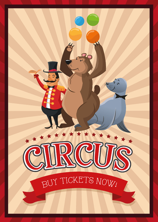 Presenter bear and seal cartoon icon. Circus carnival and festival theme. Colorful  design. Vector illustrationのイラスト素材