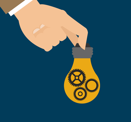 flat design hand holding lightbulb with gears business related icons image vector illustrationのイラスト素材