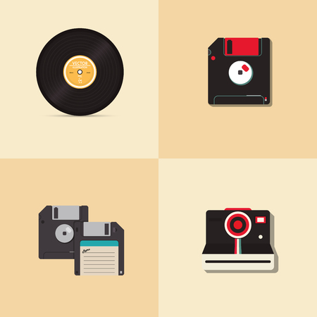hispster retro floppy disk camera and vinyl record image vector illustrationのイラスト素材