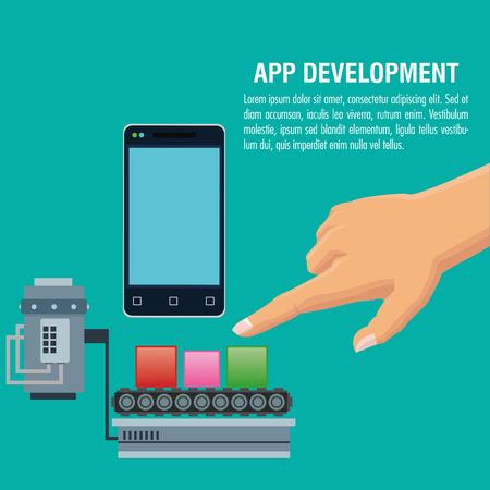 Human hand cubes and smartphone icon. App development and programming theme. Colorful design. Vector illustrationのイラスト素材