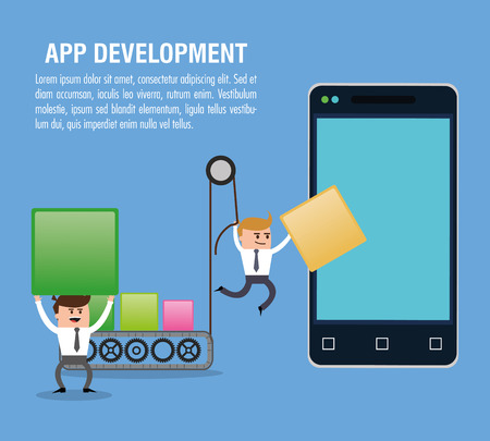 Cartoons cubes and smartphone icon. App development and programming theme. Colorful design. Vector illustrationのイラスト素材
