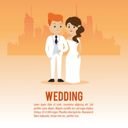 man and woman cartoon couple over city icon. Wedding and marriage theme. Colorful design. Vector illustrationのイラスト素材