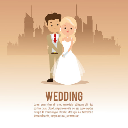 man and woman cartoon couple over city icon. Wedding and marriage theme. Colorful design. Vector illustrationのイラスト素材