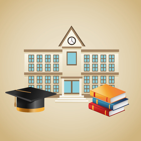 Books graduation cap and building icon. Education school and classroom theme. Colorful design. Vector illustrationのイラスト素材