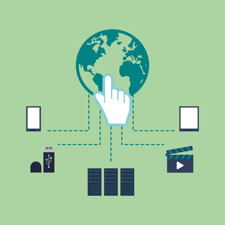flat design earth globe global data center related icons image vector illustrationのイラスト素材