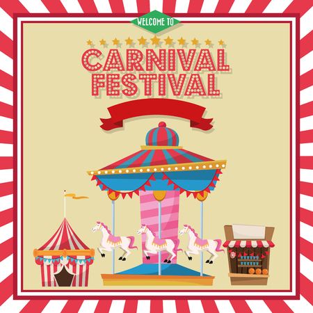 Carousel striped tent and stand. Carnival festival fair circus and celebration theme. Colorful and frame design. Vector illustrationのイラスト素材