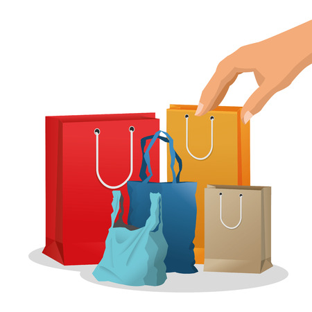 Shopping bag and hand icon. Shopping commerce market theme. Isolated and colorful design. Vector illustrationのイラスト素材