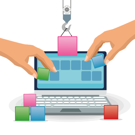 Laptop hands and cubes icon. Shopping commerce market theme. Isolated and colorful design. Vector illustrationのイラスト素材