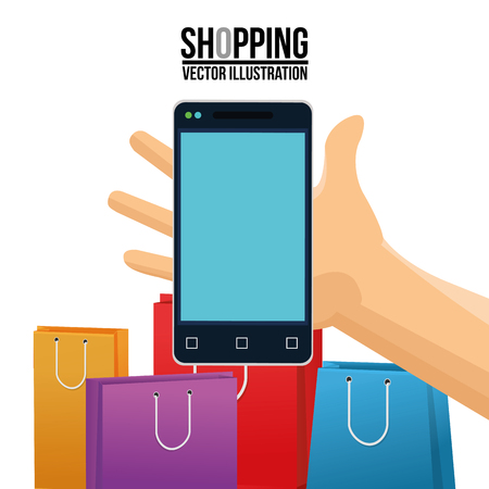 Smartphone and shopping bag icon. Shopping commerce market theme. Isolated and colorful design. Vector illustrationのイラスト素材