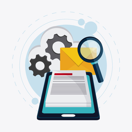 Smartphone gears cloud envelope document and lupe icon. Big data center base and web hosting theme. Colorful design. Vector illustrationのイラスト素材