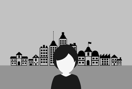 flat design woman with city background image vector illustrationのイラスト素材