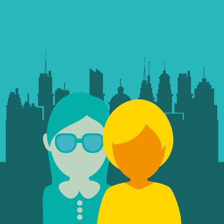 flat design women with city background image vector illustrationのイラスト素材