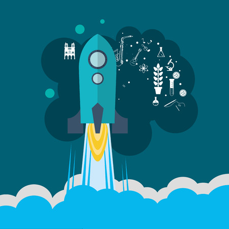 rocket with science related icons image vector illustration