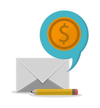 Envelope pencil and coin icon. Office work supplies and objects theme. Colorful design. Vector illustrationのイラスト素材