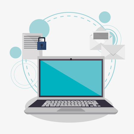 Laptop padlock and document icon. Security system warning and protection theme. Colorful design. Vector illustrationのイラスト素材