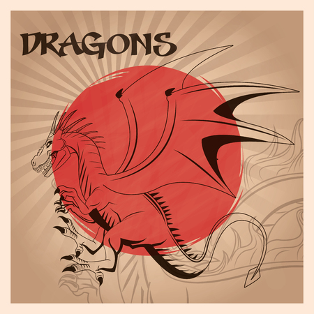 Dragon cartoon inside frame icon. Chinese asian fantasy and animal theme. Colorful design. Striped background. Vector illustrationのイラスト素材