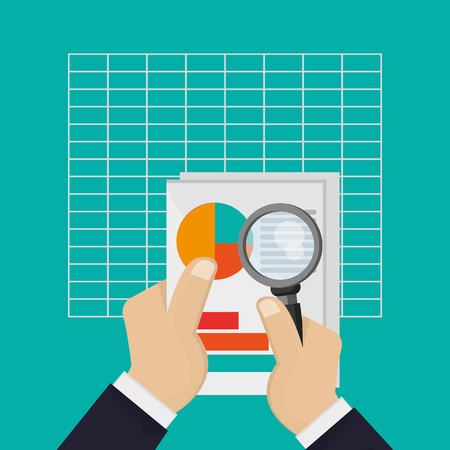 flat design hand holding magnifying glass with graph chart business related icons image vector illustrationのイラスト素材