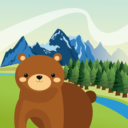 brown bear icon over mountain and forest landscape image vector illustration designのイラスト素材