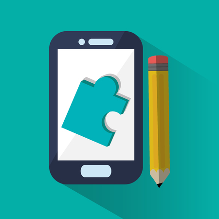 Smartphone puzzle and pencil icon. Office work supplies and objects theme. Colorful design. Vector illustrationのイラスト素材