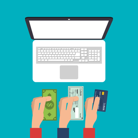 Laptop bill check and credit card icon. Payment shopping commerce and merket theme. Colorful design. Vector illustrationのイラスト素材