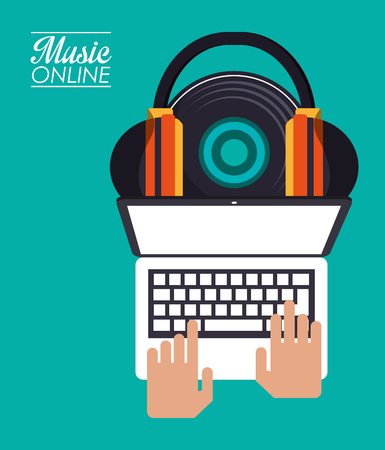 Laptop vinyl and headphone icon. Music online sound technology and media theme. Colorful design. Vector illustrationのイラスト素材