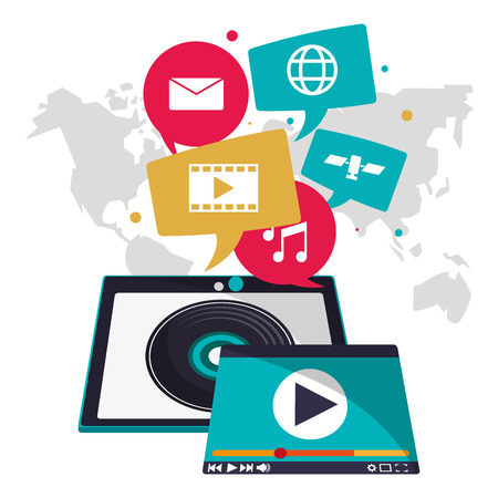 Tablet bubbles map and play icon. Music online sound technology and media theme. Colorful design. Vector illustrationのイラスト素材