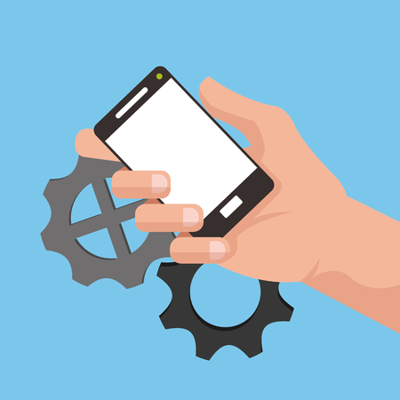 hand holding cellphone with gears in the background image vector illustration designのイラスト素材