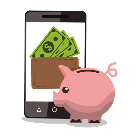 Piggy smartphone wallet and bills icon. Money financial item commerce and market theme. Colorful design. Vector illustrationのイラスト素材
