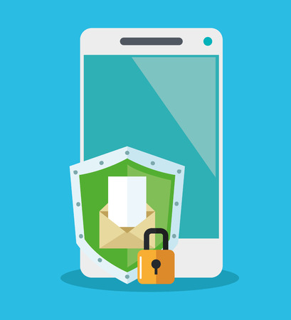 Padlock inside shield and smartphone icon. Security system cyber warning and protection theme. Colorful design. Vector illustrationのイラスト素材