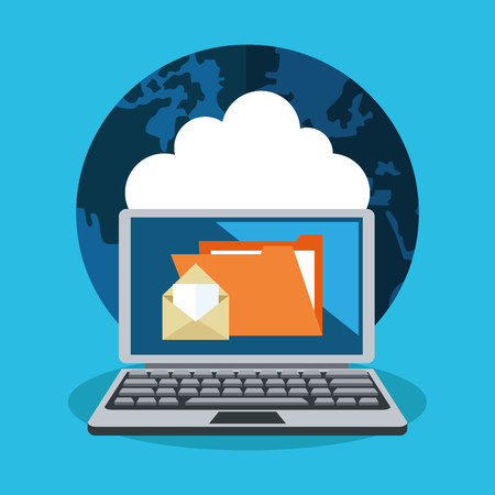 Laptop planet and file icon. Security system cyber warning and protection theme. Colorful design. Vector illustrationのイラスト素材