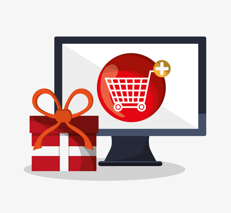 Computer cart and gift icon. Social media and digital marketing theme. Colorful design. Vector illustrationのイラスト素材