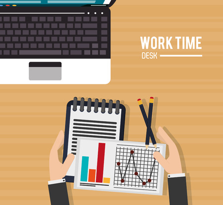 Laptop over desk and document icon. Work time office and supplies theme. Colorful design. Vector illustrationのイラスト素材