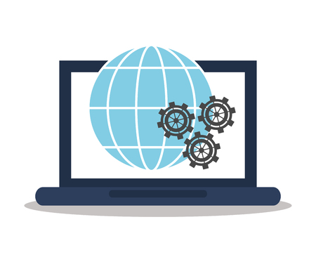 Laptop global and geas icon. digital marketing media and seo theme. Colorful design. Vector illustrationのイラスト素材