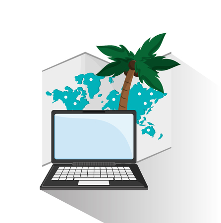 Laptop map and palm tree icon. travel trip vacation and tourism theme. Colorful design. Vector illustrationのイラスト素材