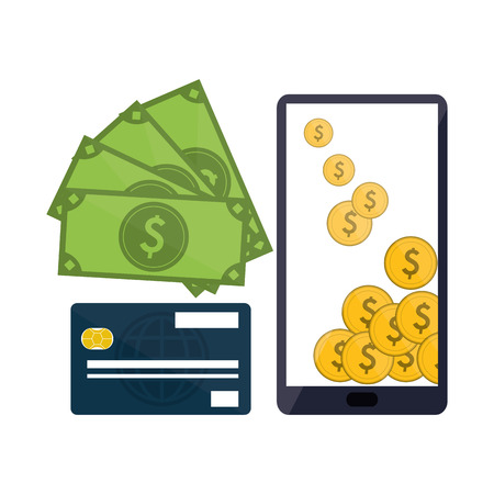 Smartphone coins bills and credit card icon. Shopping online ecommerce media and market theme. Colorful design. Vector illustrationのイラスト素材