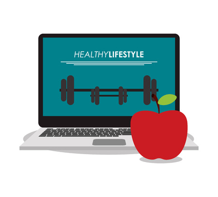 Apple laptop and weights icon. Healthy lifestyle fitness and gym theme. Colorful design. Vector illustrationのイラスト素材
