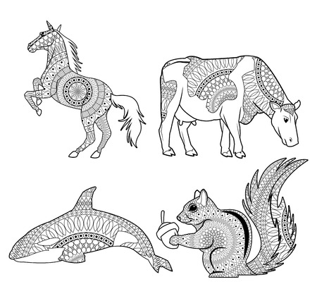 horse cow whale and squirrel icon. Animal life nature and fauna theme. Isolated black and white design. Vector illustrationのイラスト素材