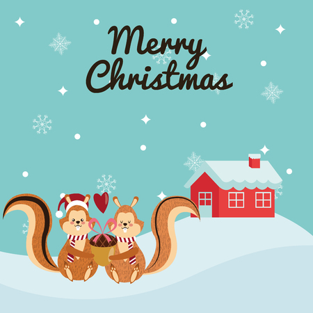 couple of squirrel cartoon icon. Christmas season card decoration and celebration theme. Colorful design. Vector illustrationのイラスト素材