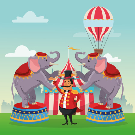 striped tent hot air balloon man and elephant icon. Carnival festival fair circus and celebration theme. Colorful design. Vector illustrationのイラスト素材