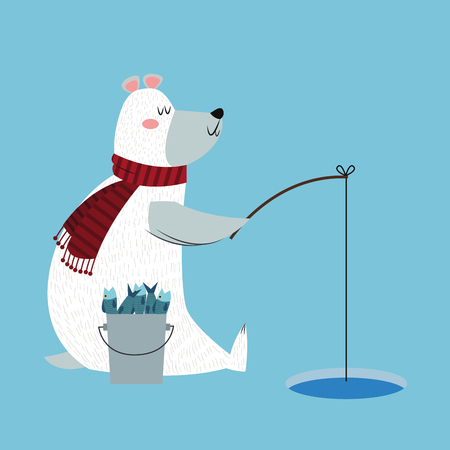 Bear cartoon fishing icon. Christmas season card decoration and celebration theme. Colorful design. Vector illustrationのイラスト素材