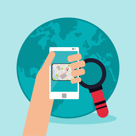 Smartphone and lupe icon. gps map travel and navigation theme. Colorful design. Vector illustrationのイラスト素材