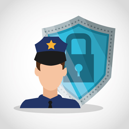 Policeman and shield icon. Security system warning and protection theme. Colorful design. Vector illustrationのイラスト素材