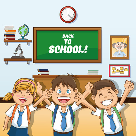 Girl abd boys cartoon and classroom icon. Back to school theme. Colorful design. Vector illustrationのイラスト素材