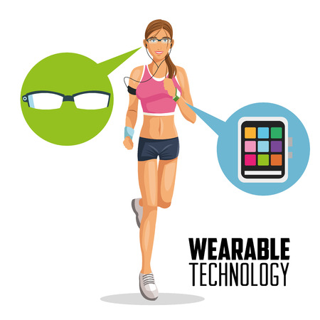 Girl cartoon glasses watch and media apps icon set. Wearable technology gadget and application theme. Vector illustrationのイラスト素材