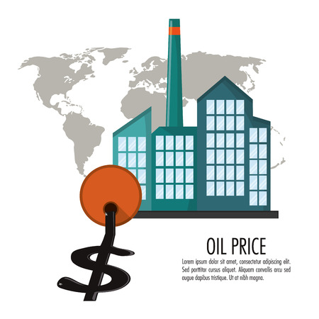Factory buildings barrel and money icon. Oil price industry fuel production and gasoline theme. Isolated design. Vector illustrationのイラスト素材