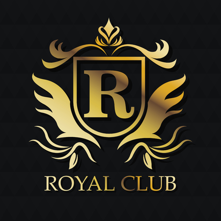 Royal club gold emblem icon. Exclusive rich glamour and member theme. Black polygonal background. Vector illustrationのイラスト素材