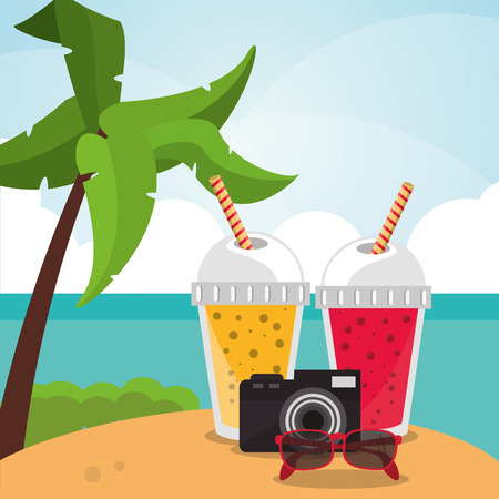 Smoothie drink camera glasses and island with palm tree icon. Summer fresh and organic theme. Colorful design. Vector illustrationのイラスト素材