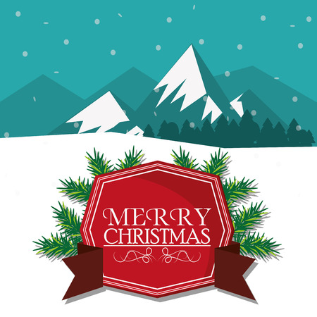 Label in front of Mountains icon. Christmas season decoration and celebration theme. Colorful design.  illustrationのイラスト素材